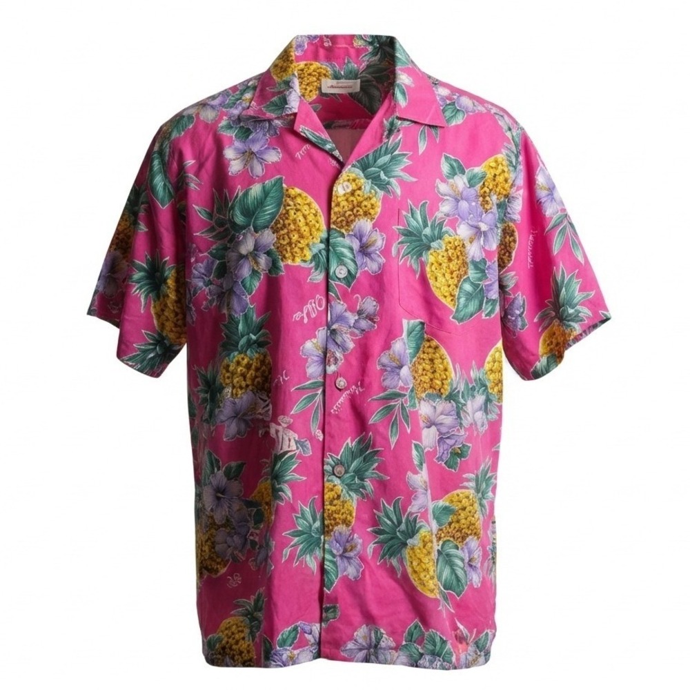 Evergreen Island Hawaiian Shirt Mens L Pink Pineapple Hibiscus Aloha Tropical